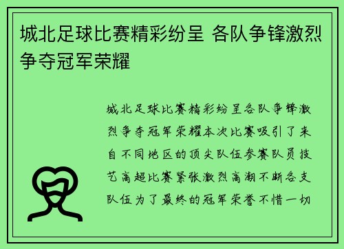 城北足球比赛精彩纷呈 各队争锋激烈争夺冠军荣耀