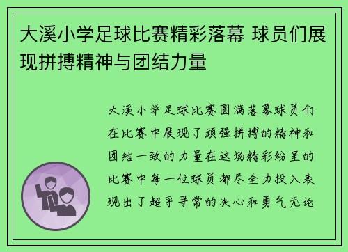 大溪小学足球比赛精彩落幕 球员们展现拼搏精神与团结力量