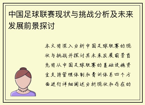 中国足球联赛现状与挑战分析及未来发展前景探讨