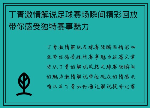 丁青激情解说足球赛场瞬间精彩回放带你感受独特赛事魅力
