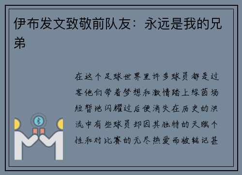 伊布发文致敬前队友：永远是我的兄弟