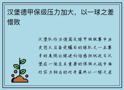 汉堡德甲保级压力加大，以一球之差惜败