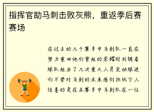 指挥官助马刺击败灰熊，重返季后赛赛场