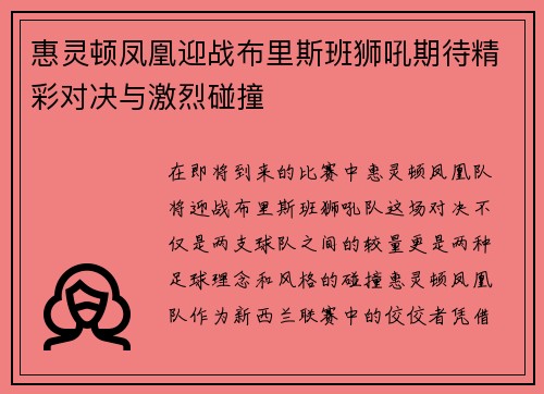 惠灵顿凤凰迎战布里斯班狮吼期待精彩对决与激烈碰撞
