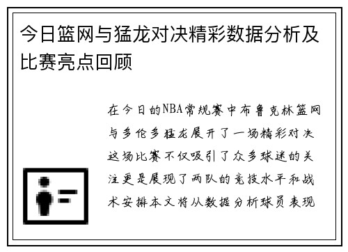 今日篮网与猛龙对决精彩数据分析及比赛亮点回顾