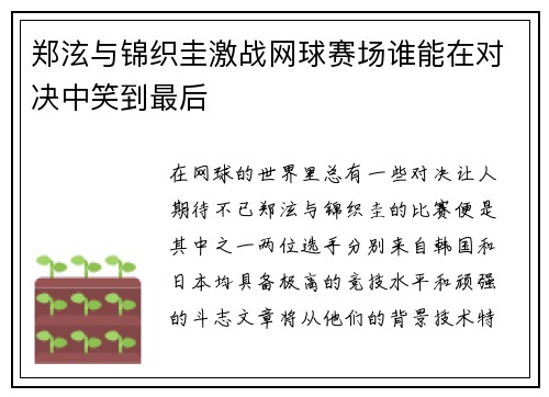 郑泫与锦织圭激战网球赛场谁能在对决中笑到最后
