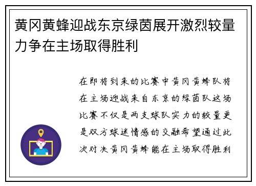 黄冈黄蜂迎战东京绿茵展开激烈较量力争在主场取得胜利