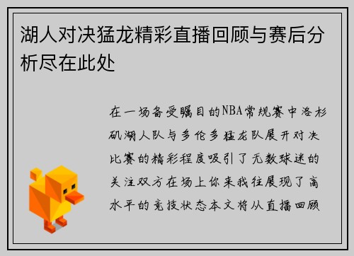 湖人对决猛龙精彩直播回顾与赛后分析尽在此处