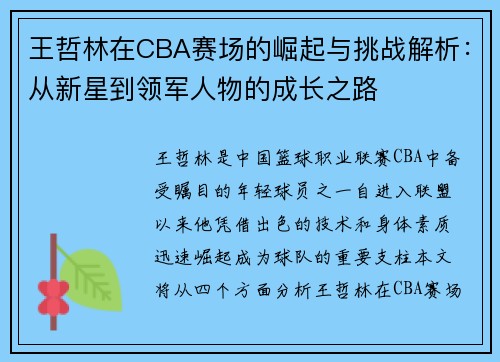 王哲林在CBA赛场的崛起与挑战解析：从新星到领军人物的成长之路