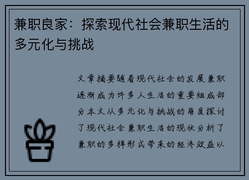 兼职良家：探索现代社会兼职生活的多元化与挑战