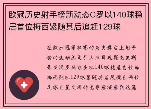 欧冠历史射手榜新动态C罗以140球稳居首位梅西紧随其后追赶129球