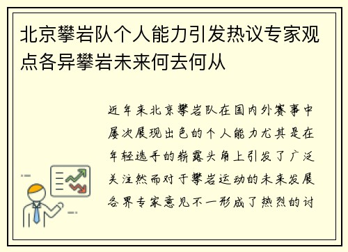 北京攀岩队个人能力引发热议专家观点各异攀岩未来何去何从